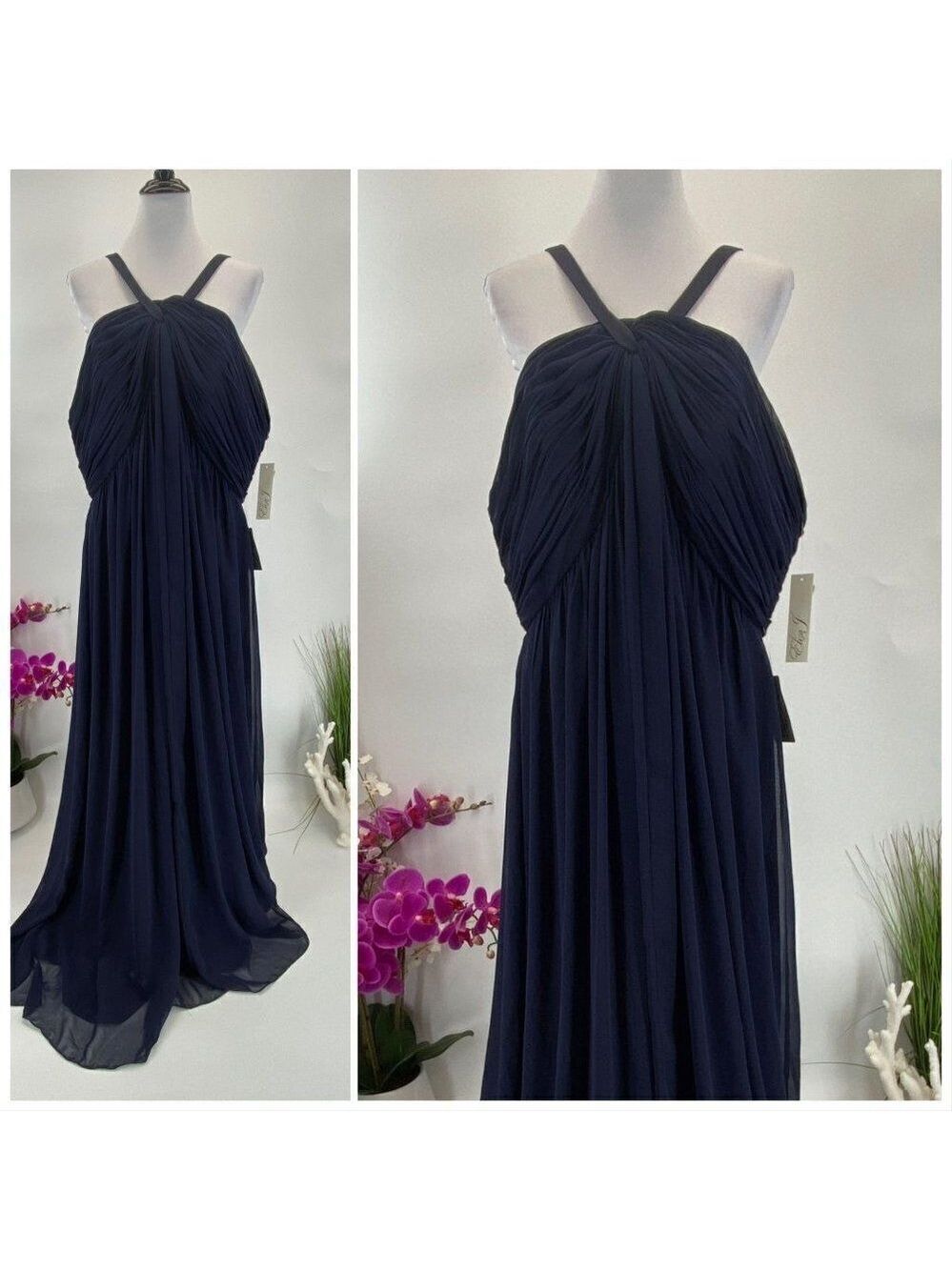 $208 Dress NWT Eliza J Evening Gown V Halter Strap Blue Women's 22W